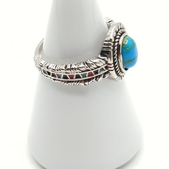 Turquoise Ring - Silver Feather Band - Southwest Coastal Cowgirl - Size 9 - Picture 2 of 3